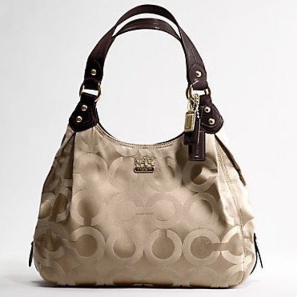 Coach Handbags - COACH Maggie OP Art Gold & Brown Sateen Satchel